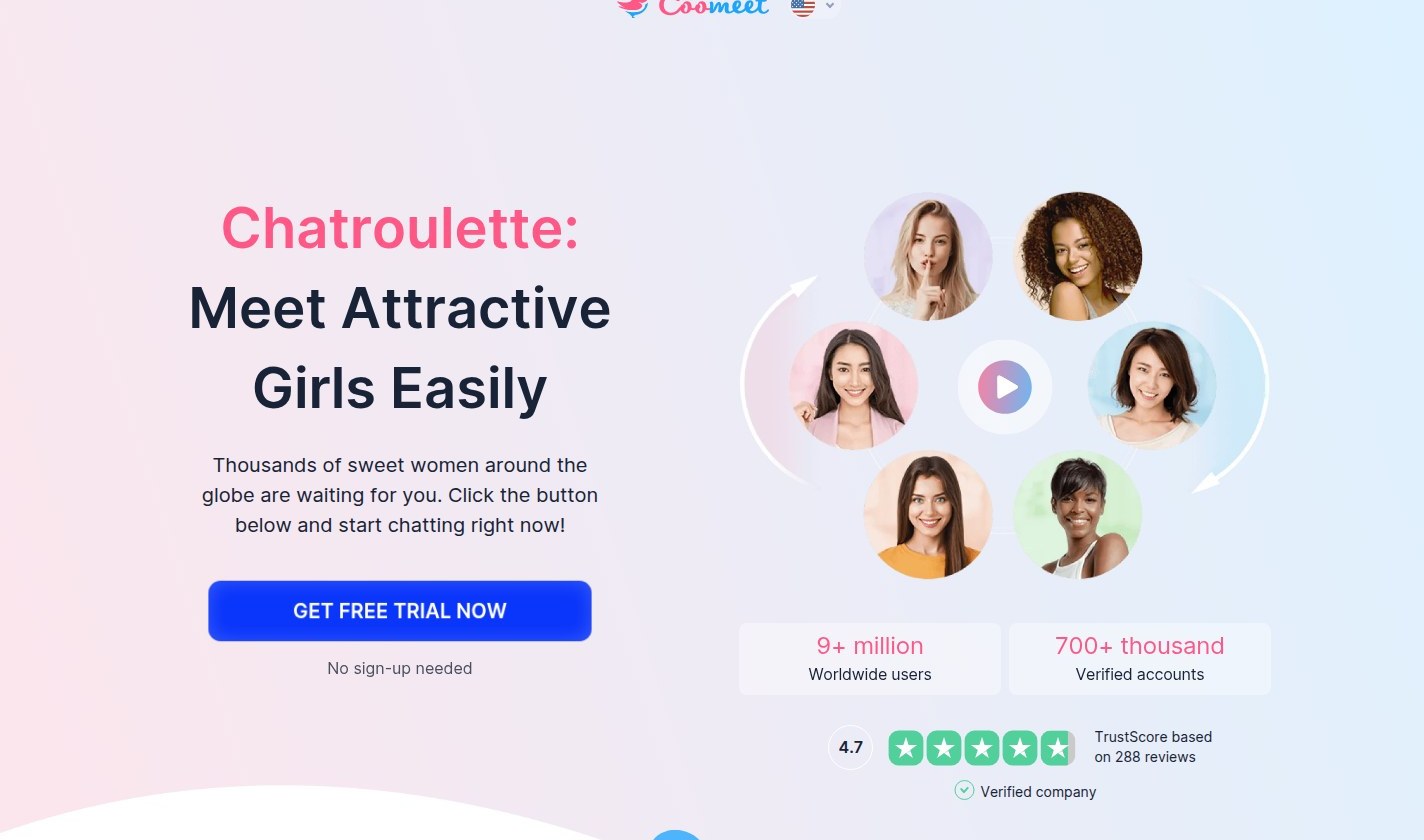 Página Chatroulette de CooMeet con cinco retratos en círculo y el botón GET FREE TRIAL NOW