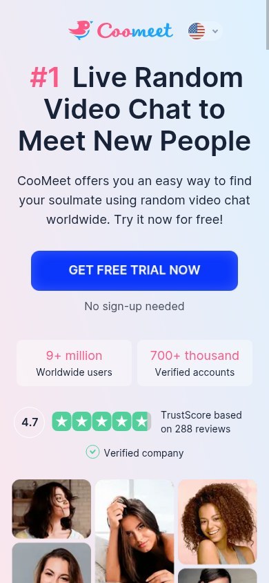 Portada de CooMeet en móvil con el botón GET FREE TRIAL NOW y la rejilla de perfiles